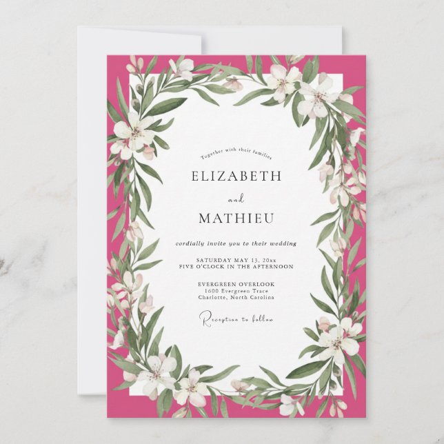 Convites Casamento Pétala Branca Magenta (Frente)