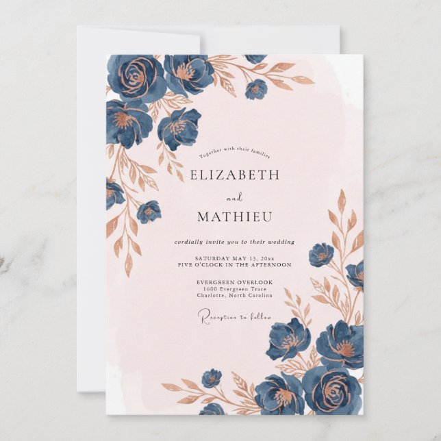 Convites Casamento Pétala Bronze Índigo (Frente)
