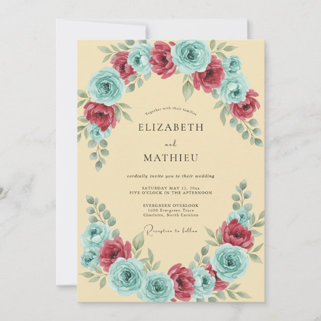 Convites Casamento Pétala Carmesim Aqua (Frente)