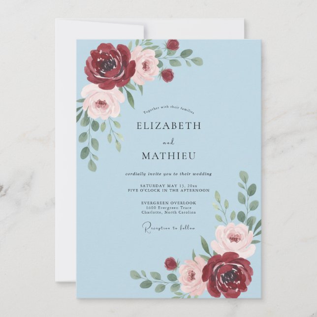 Convites Casamento Pétala Carmesim Azul Céu (Frente)