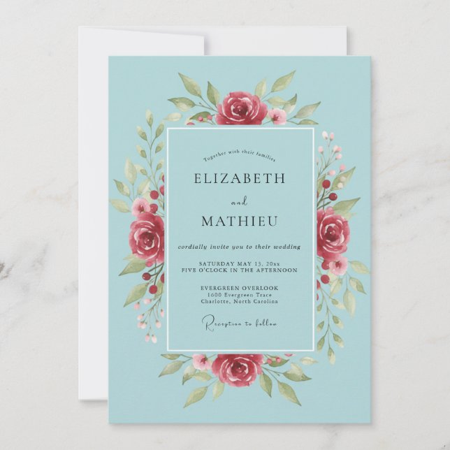 Convites Casamento Pétala Carmesim Celeste (Frente)