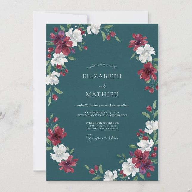 Convites Casamento Pétala Carmesim Teal (Frente)