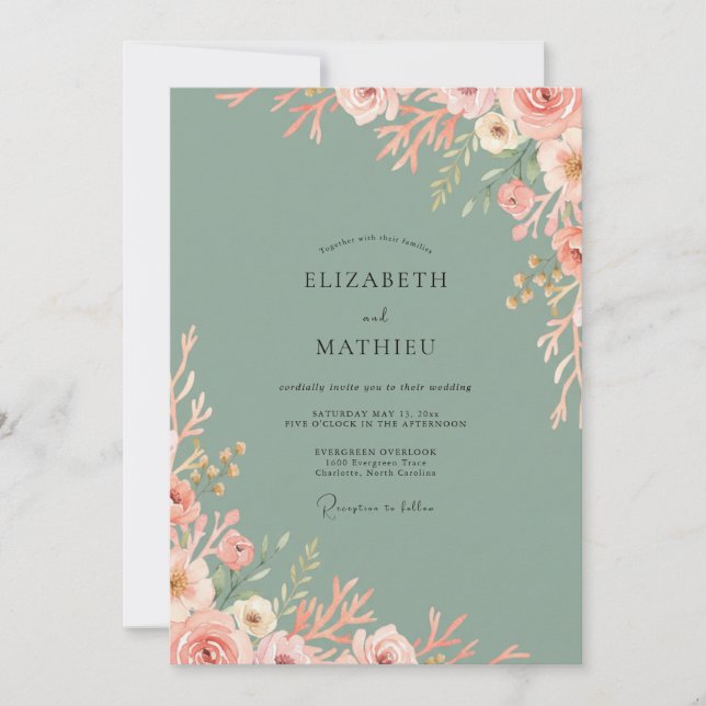 Convites Casamento Pétala Celadon Rubor (Frente)