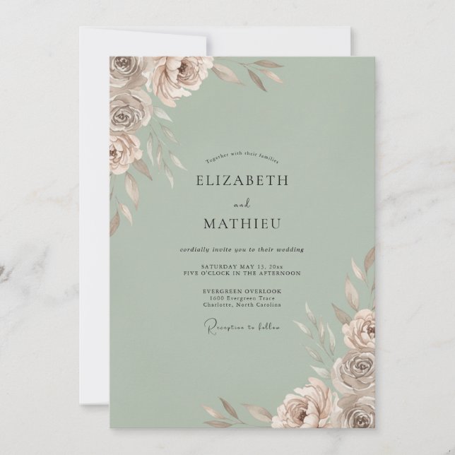 Convites Casamento Pétala Champanhe Celadon (Frente)