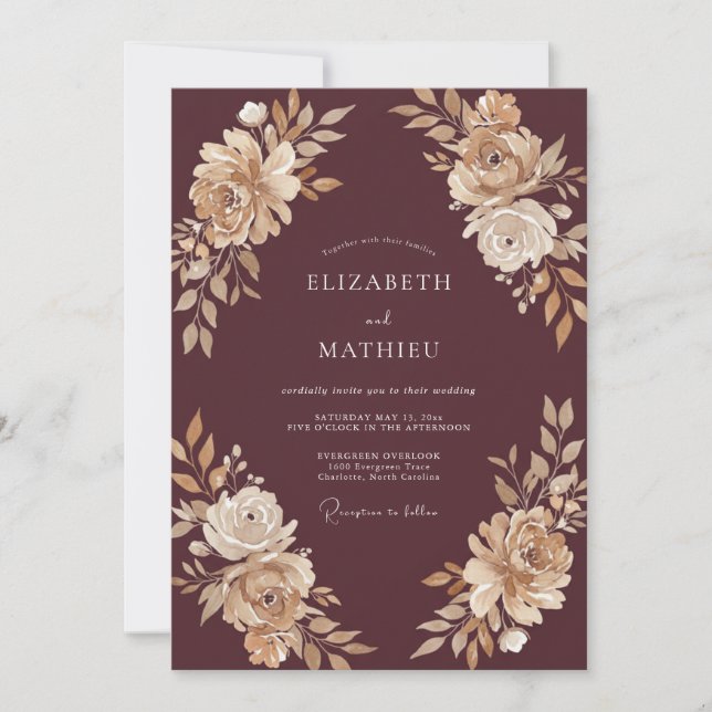 Convites Casamento Pétala Champanhe Mogno (Frente)