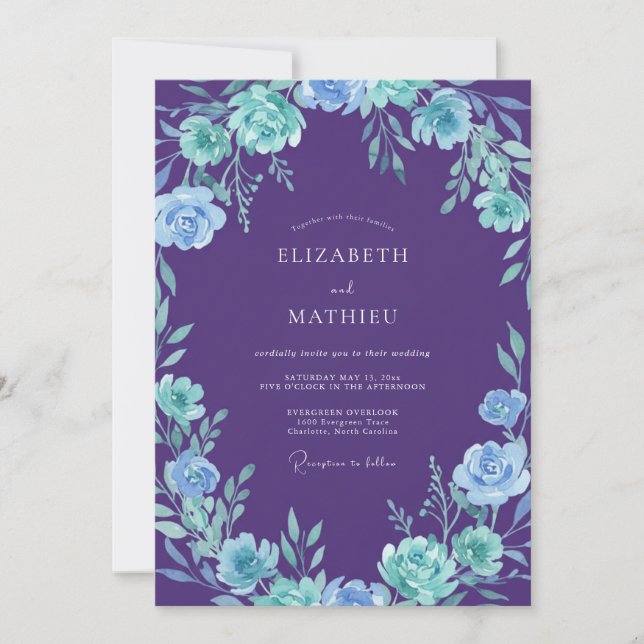 Convites Casamento Pétala Ciano Violeta Botânica (Frente)