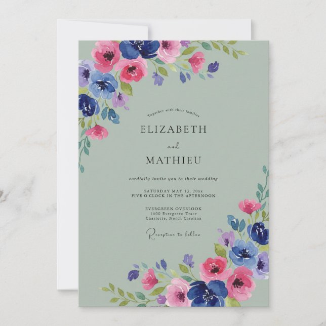 Convites Casamento Pétala Cobalto Magenta Clássico (Frente)