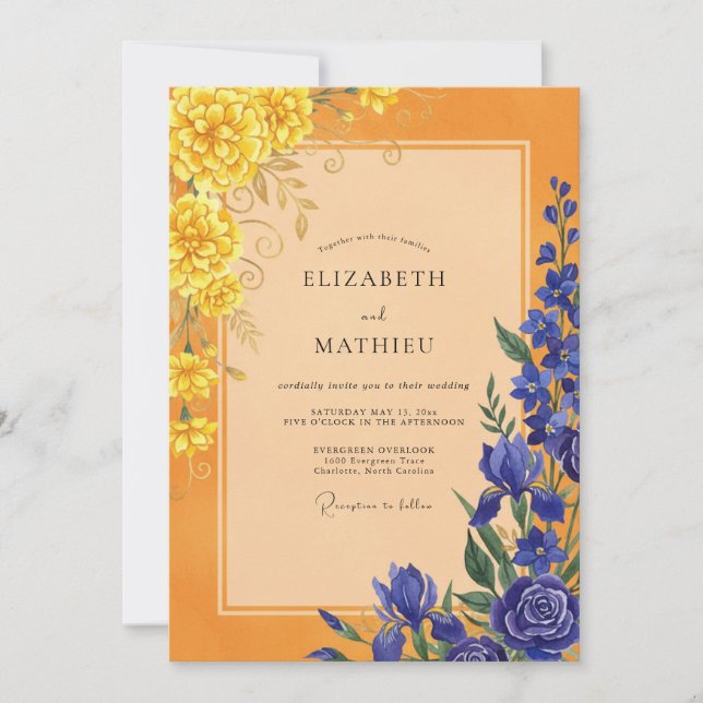 Convites Casamento Pétala Cobalto Marigold (Frente)