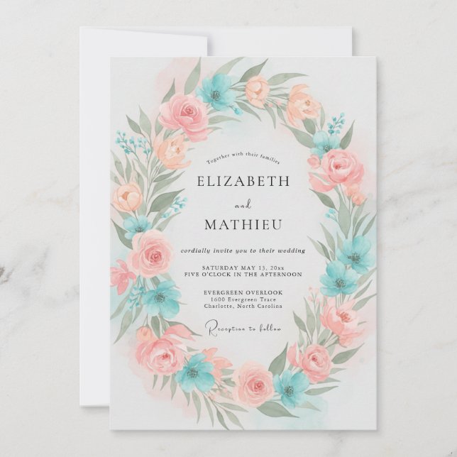 Convites Casamento Pétala Coral Aqua (Frente)