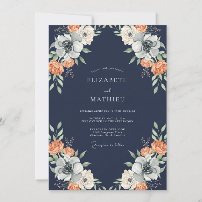 Convites Casamento Pétala Coral Meia-Noite (Frente)