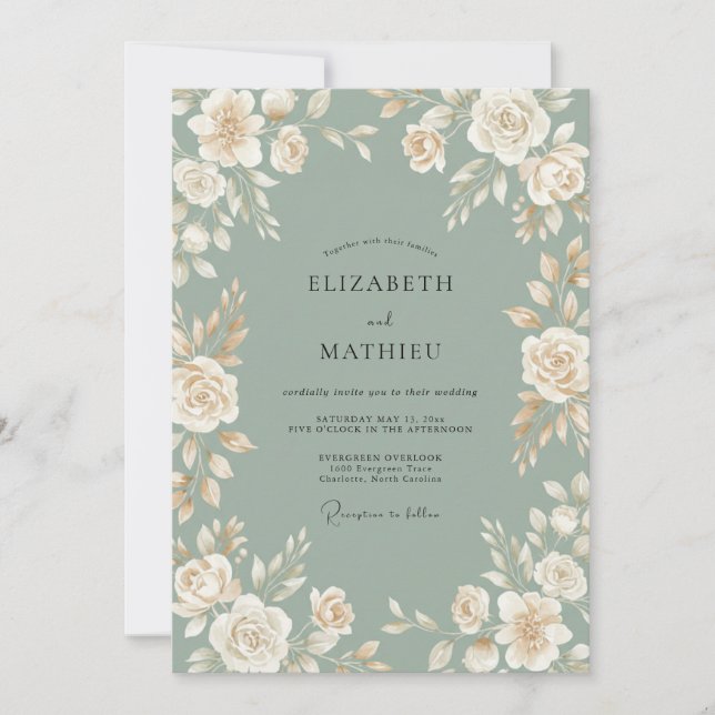 Convites Casamento Pétala Creme Celadon (Frente)