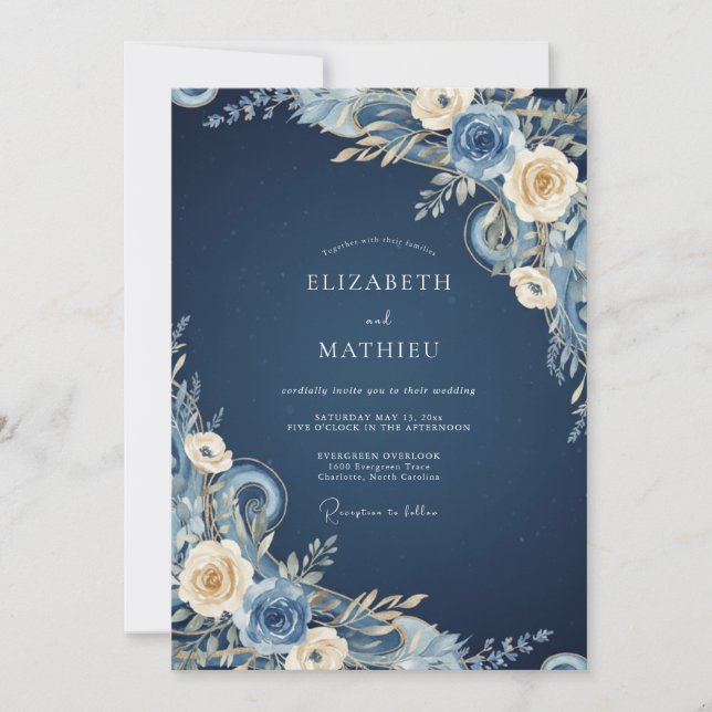 Convites Casamento Pétala Creme de Meia-Noite (Frente)