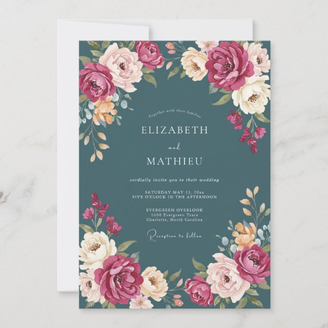 Convites Casamento Pétala de Ardósia Magenta (Frente)