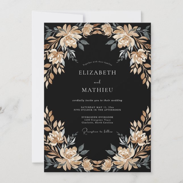 Convites Casamento Pétala de Champanhe Preto (Frente)