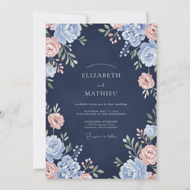 Convites Casamento Pétala de Conchinha Azul-Marinho (Frente)