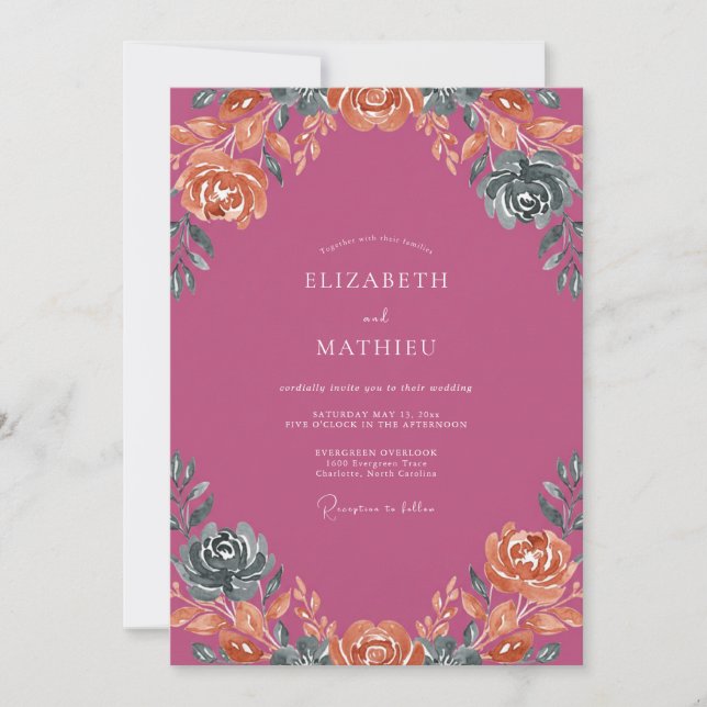 Convites Casamento Pétala de Coral Desbotado Magenta (Frente)