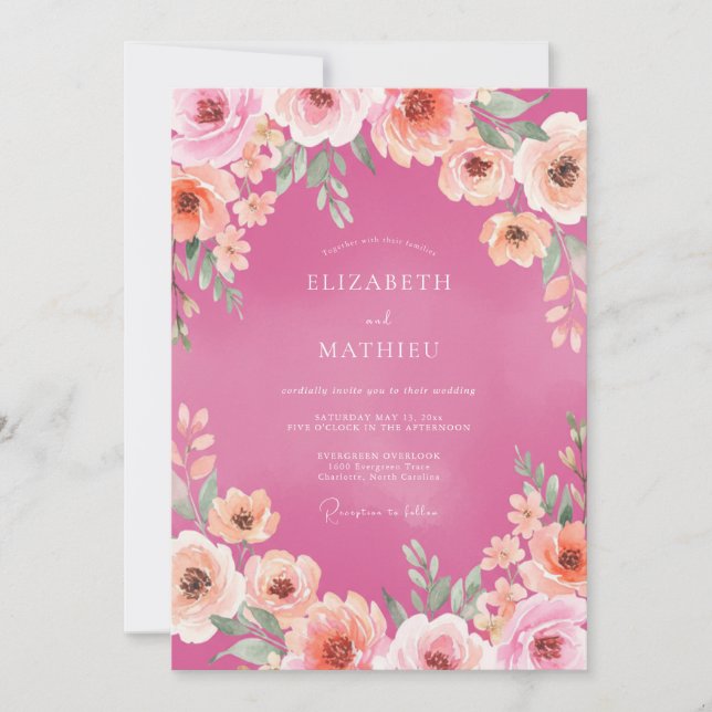 Convites Casamento Pétala de Coral Magenta (Frente)
