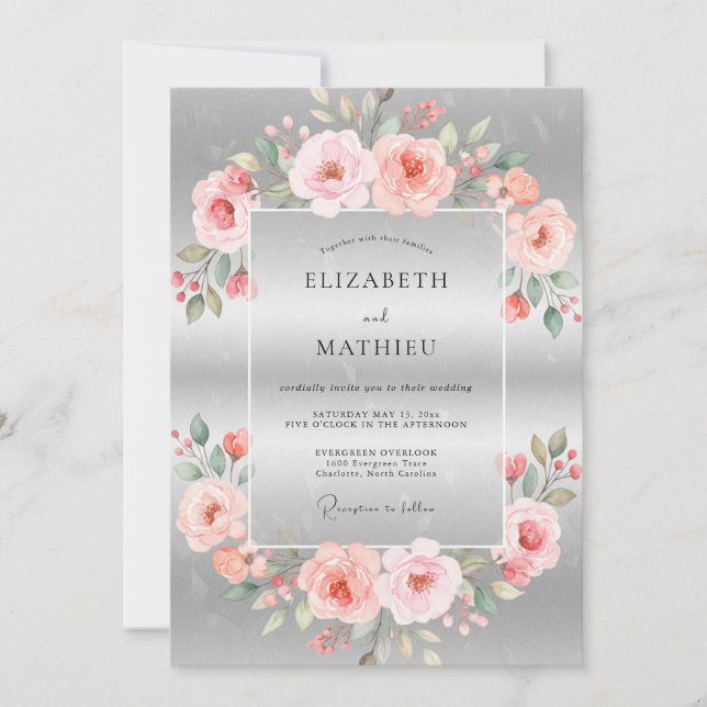 Convites Casamento Pétala de Coral Silver Blush (Frente)