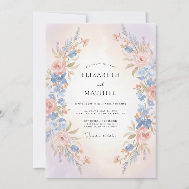 Convites Casamento Pétala de Damasco Azul-marinho (Frente)
