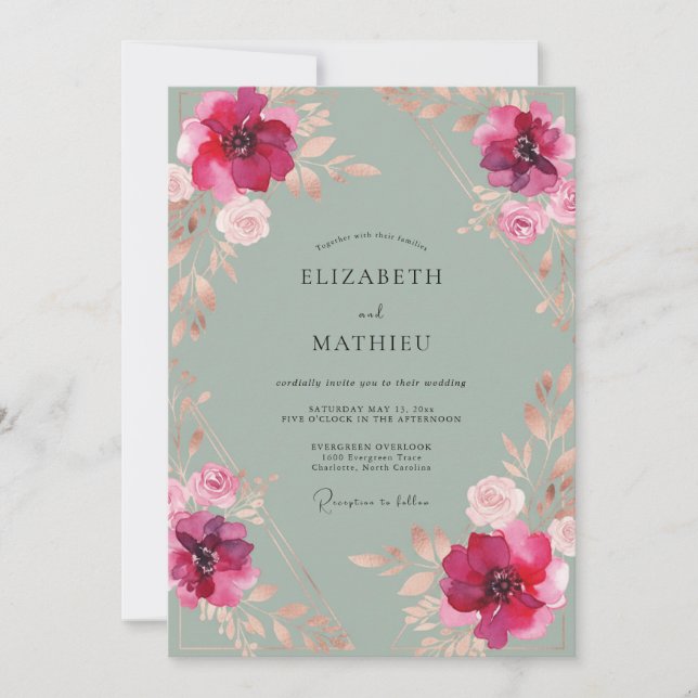 Convites Casamento Pétala de Magenta Seafoam (Frente)