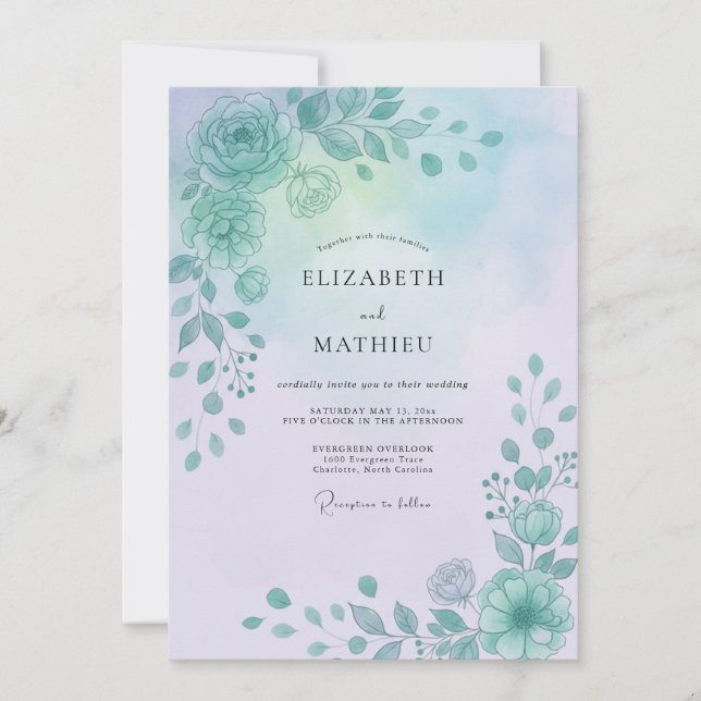 Convites Casamento Pétala de Periwinkle Água (Frente)