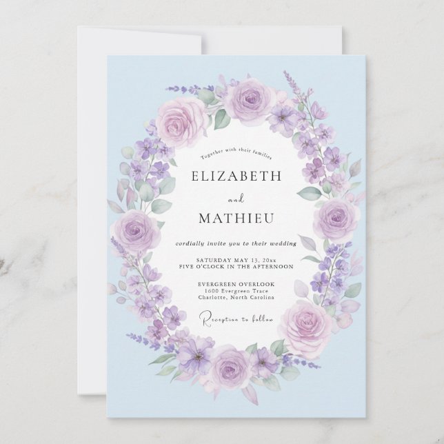 Convites Casamento Pétala de Periwinkle Lavanda Suave (Frente)