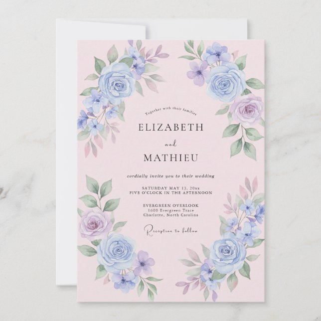 Convites Casamento Pétala de Periwinkle Rosa Pálido (Frente)