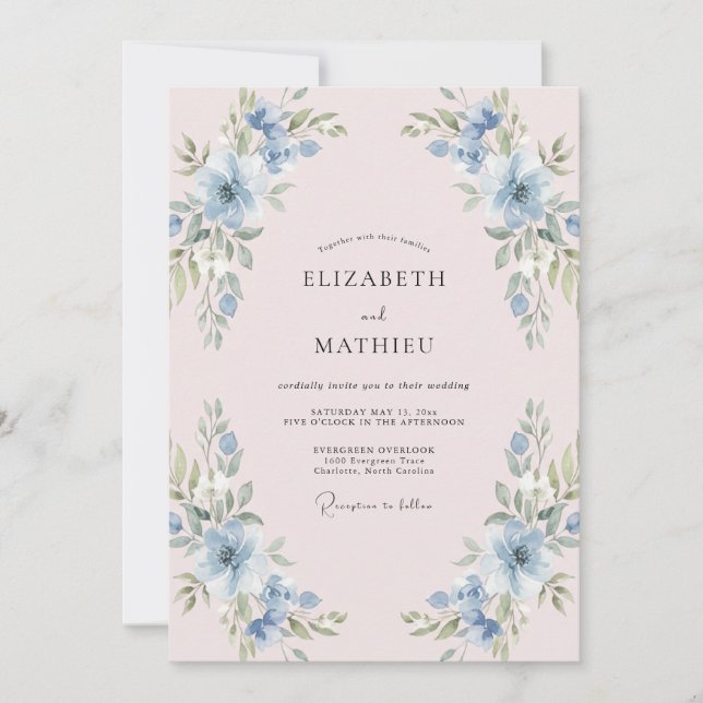 Convites Casamento Pétala de Pêssego Azul-Celeste (Frente)