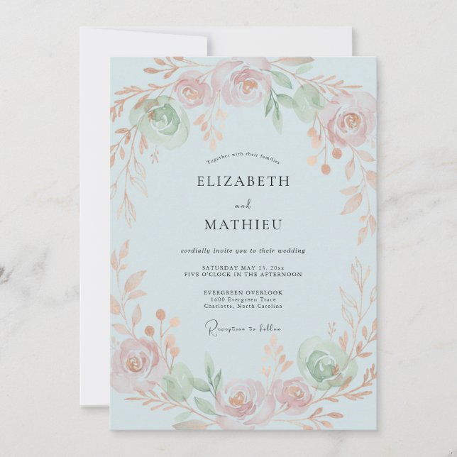 Convites Casamento Pétala de Pêssego Celeste (Frente)