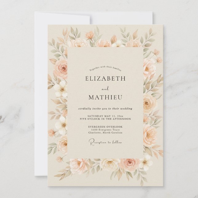 Convites Casamento Pétala de Pêssego Champagne Dourado (Frente)