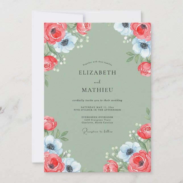 Convites Casamento Pétala de Sálvia Azul Coral (Frente)