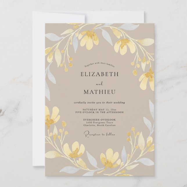 Convites Casamento Pétala Dourada Bege (Frente)