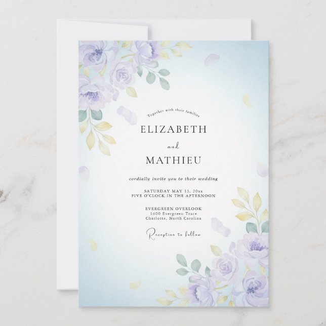 Convites Casamento Pétala Dourada Lilás (Frente)