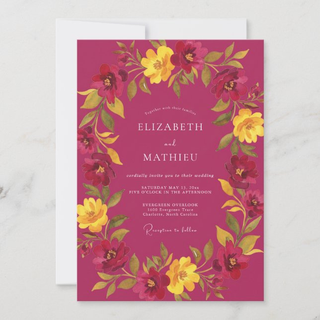 Convites Casamento Pétala Dourada Magenta (Frente)