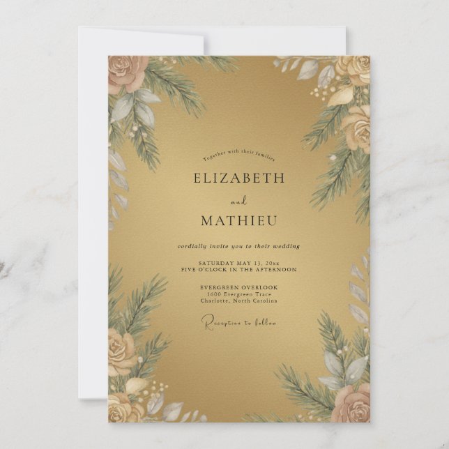 Convites Casamento Pétala Folhagem Dourada (Frente)