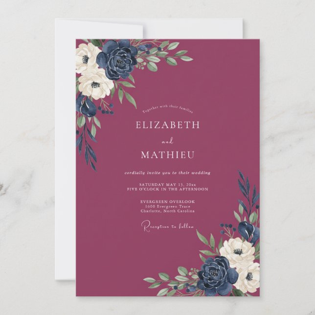 Convites Casamento Pétala Índigo Ameixa do Jardim (Frente)