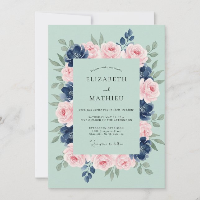 Convites Casamento Pétala Índigo Espuma do Mar (Frente)