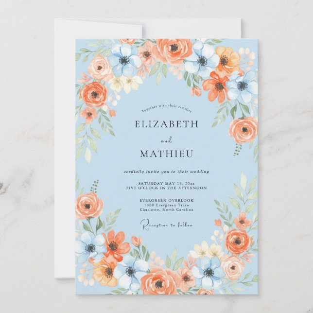 Convites Casamento Pétala Laranja Azul Celeste Flor Silvest (Frente)