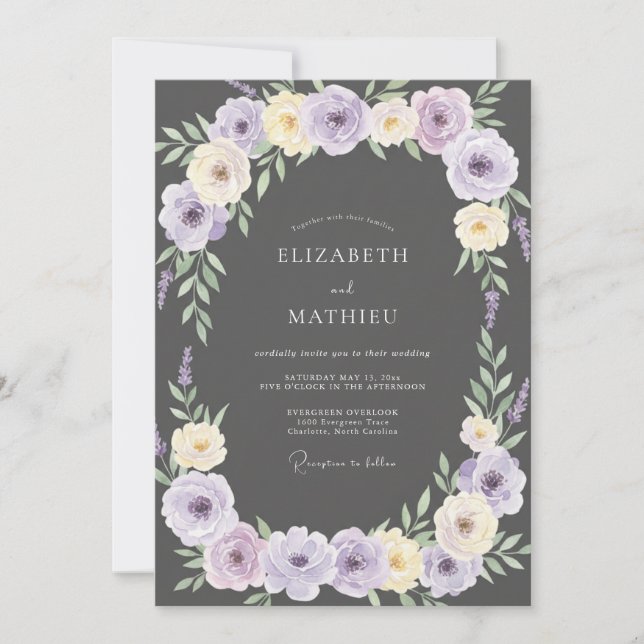 Convites Casamento Pétala Lavanda Carvão (Frente)