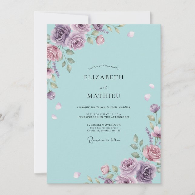 Convites Casamento Pétala Lilás Aqua (Frente)