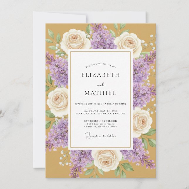 Convites Casamento Pétala Lilás Dourado (Frente)