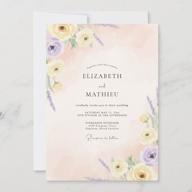 Convites Casamento Pétala Lilás Manteiga (Frente)