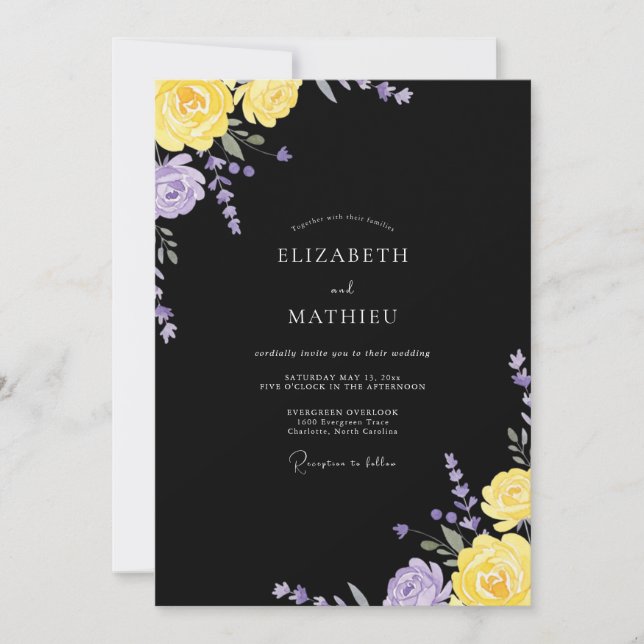 Convites Casamento Pétala Lilás Preto (Frente)