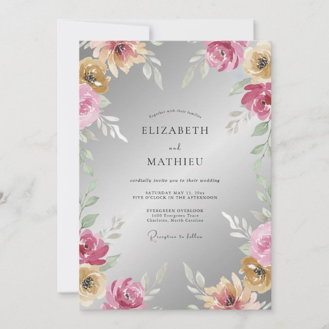 Convites Casamento Pétala Magenta Prata (Frente)