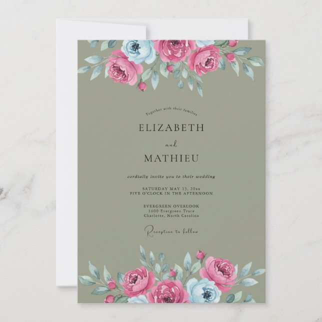 Convites Casamento Pétala Oliva Magenta Ciano (Frente)