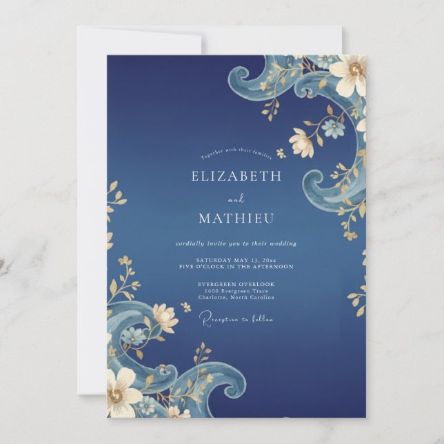 Convites Casamento Pétala Ornamentada Safira (Frente)
