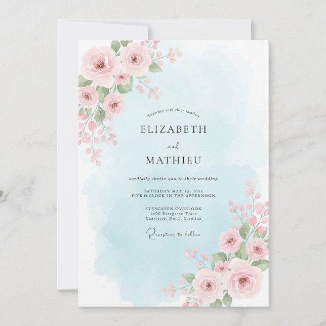 Convites Casamento Pétala Pastel Azul Pó (Frente)