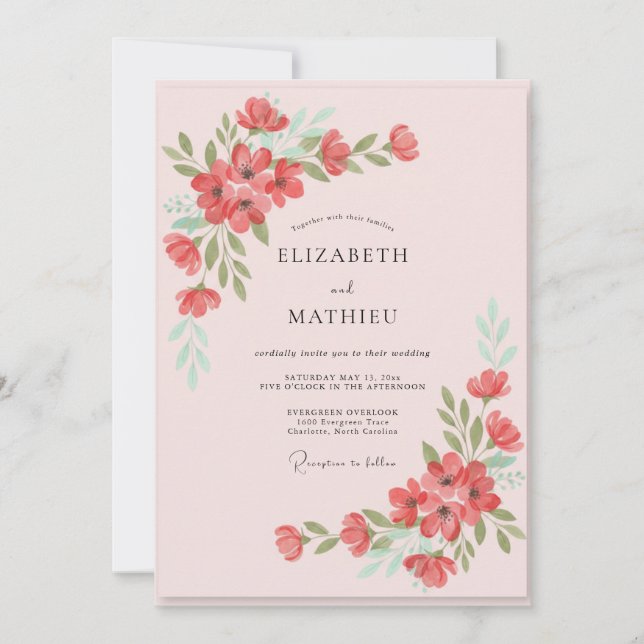 Convites Casamento Pétala Pintada de Coral Rosado (Frente)