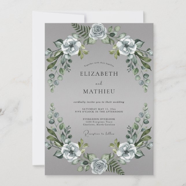 Convites Casamento Pétala Prata Ardósia (Frente)