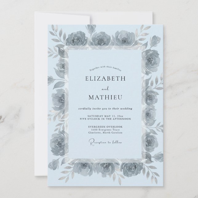 Convites Casamento Pétala Prata Azul Pó (Frente)